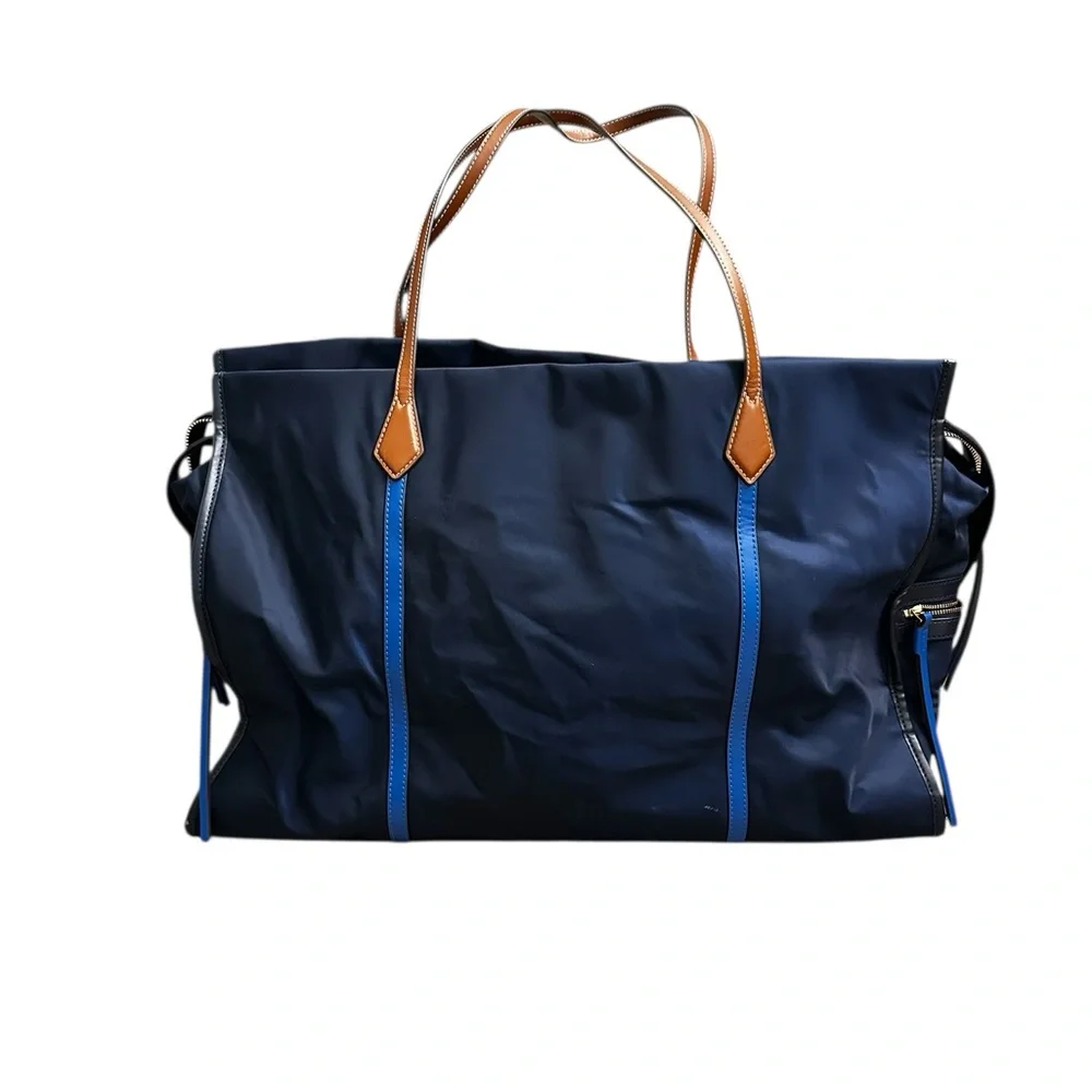 Tory Burch The Perry Overnight Travel Bag Blue Nylon Faux Leather Trim One Size